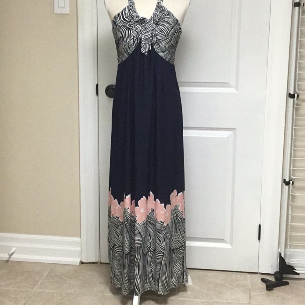 Navy,Pink and White Maxi Dress